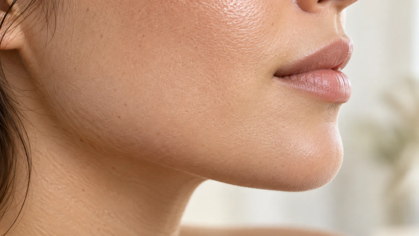 Side profile close-up of a woman's jawline, chin, and lips against a softly blurred background.