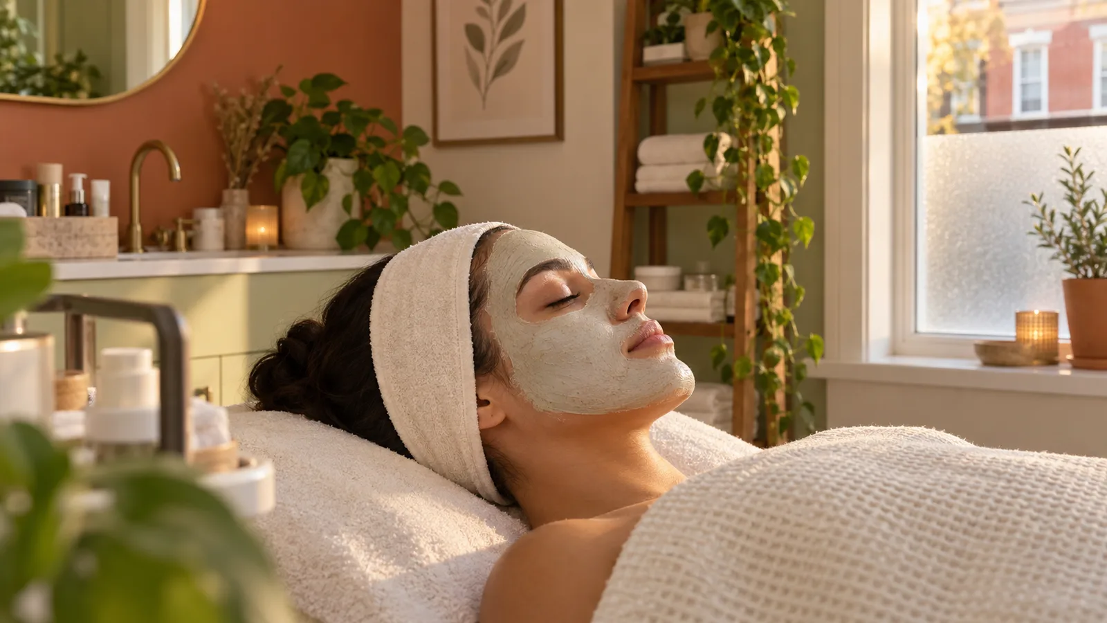 Woman resting on a towel-covered treatment bed wearing a clay face mask and headband, with plants and a window behind.