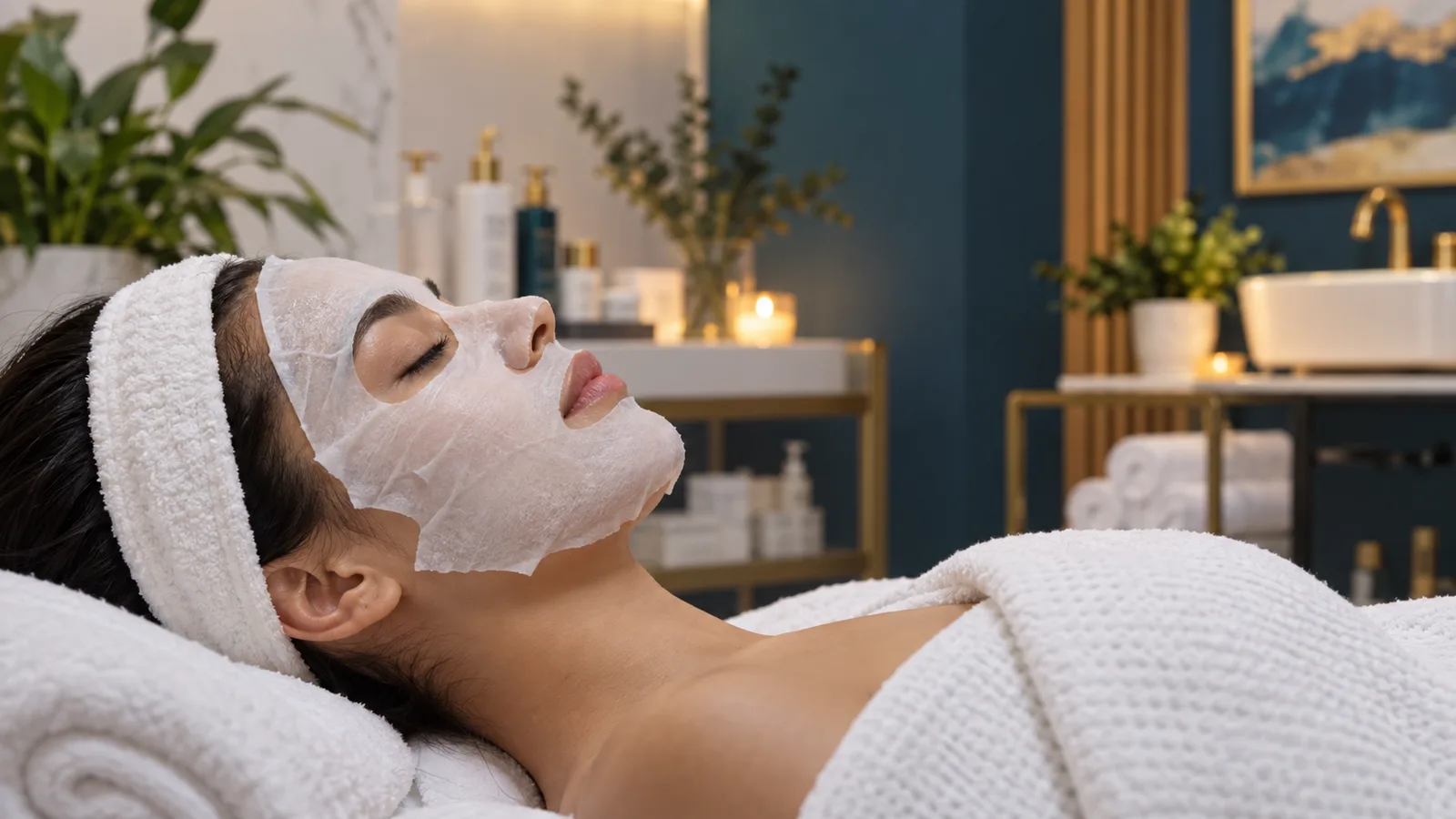 Reclining woman in a white sheet mask and towel headband, in a room with dark teal walls and gold fixtures.
