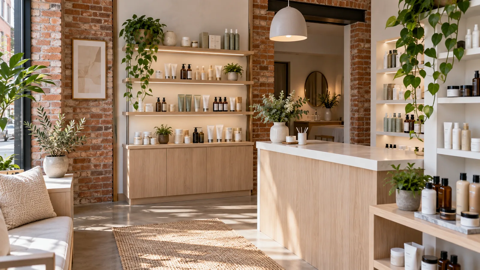 Shop interior with exposed brick, lit shelves of skincare bottles, a pale wood counter, and a doorway to a back room.