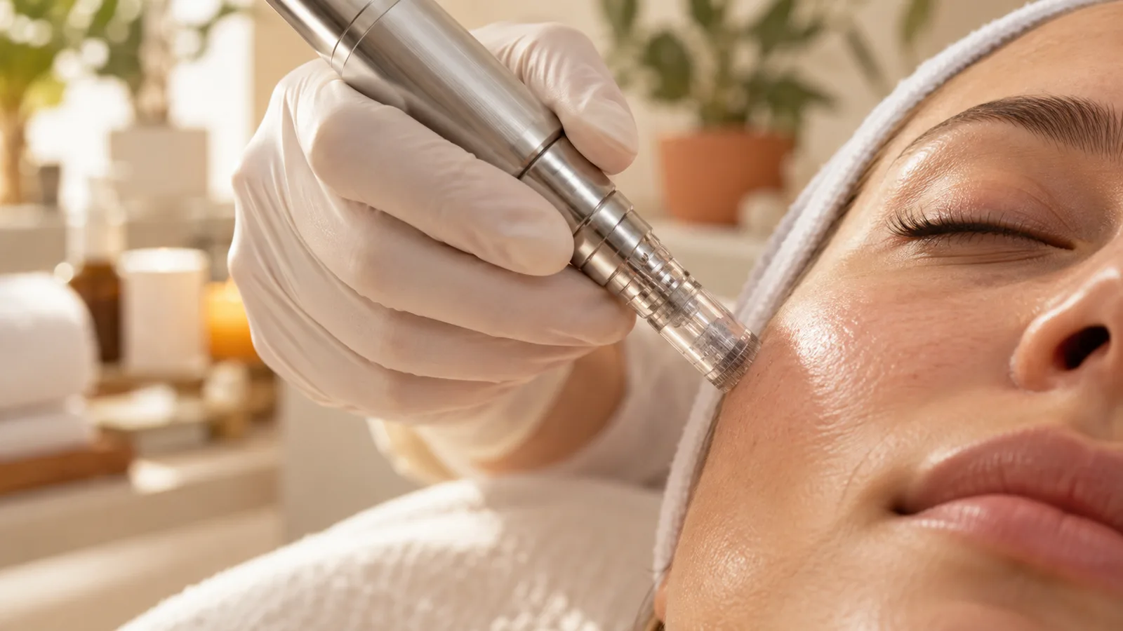 Gloved hand holding a steel microneedling pen against the cheek of a woman lying with her eyes closed.